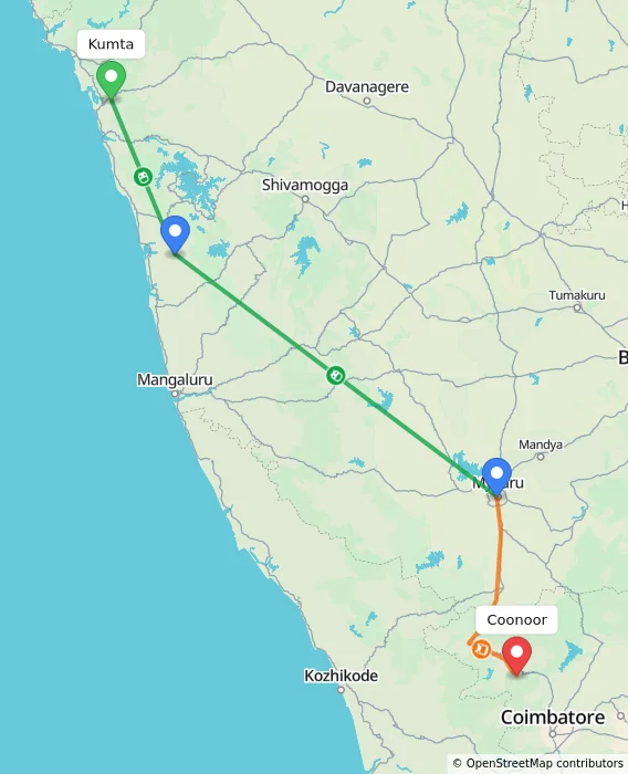 Route map showing distance and travel time from Kumta, India to Coonoor, India