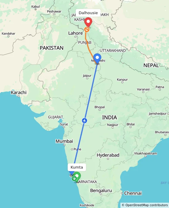 Route map showing distance and travel time from Kumta, India to Dalhousie, India