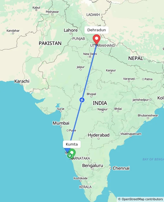 Route map showing distance and travel time from Kumta, India to Dehradun, India