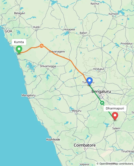 Route map showing distance and travel time from Kumta, India to Dharmapuri, India