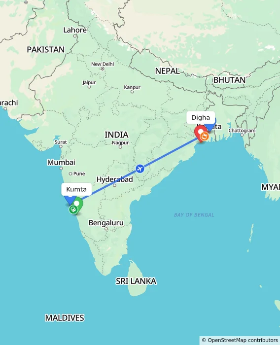 Route map showing distance and travel time from Kumta, India to Digha, India