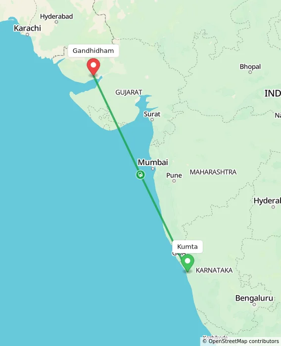 Route map showing distance and travel time from Kumta, India to Gandhidham, India