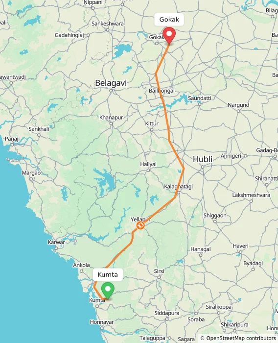 Route map showing distance and travel time from Kumta, India to Gokak, India