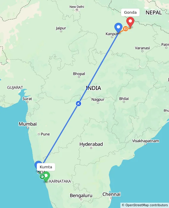 Route map showing distance and travel time from Kumta, India to Gonda, India
