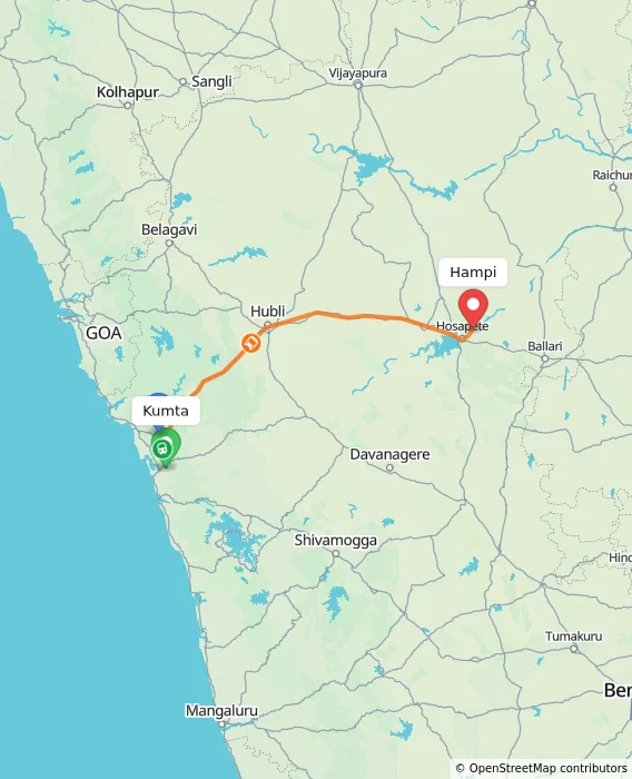 Route map showing distance and travel time from Kumta, India to Hampi, India