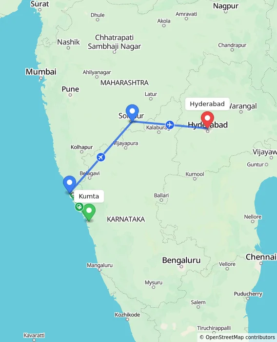Route map showing distance and travel time from Kumta, India to Hyderabad, India