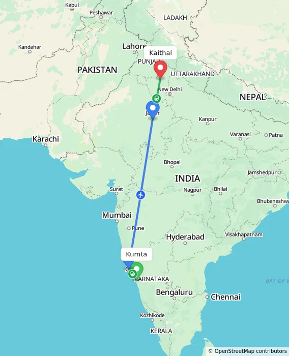 Route map showing distance and travel time from Kumta, India to Kaithal, India