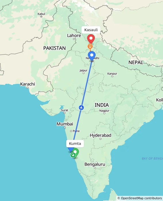 Route map showing distance and travel time from Kumta, India to Kasauli, India