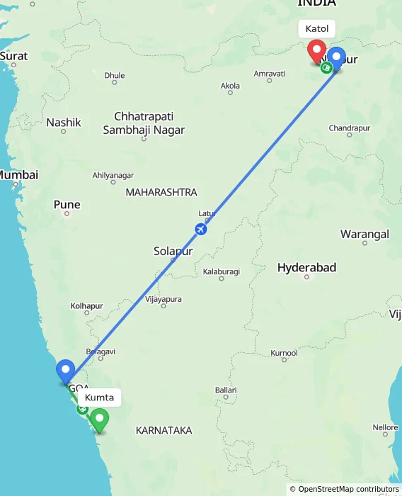 Route map showing distance and travel time from Kumta, India to Katol, India