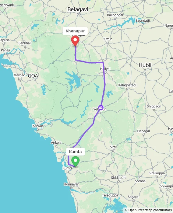 Route map showing distance and travel time from Kumta, India to Khanapur, India