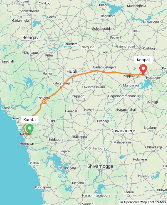 Route map showing distance and travel time from Kumta, India to Koppal, India