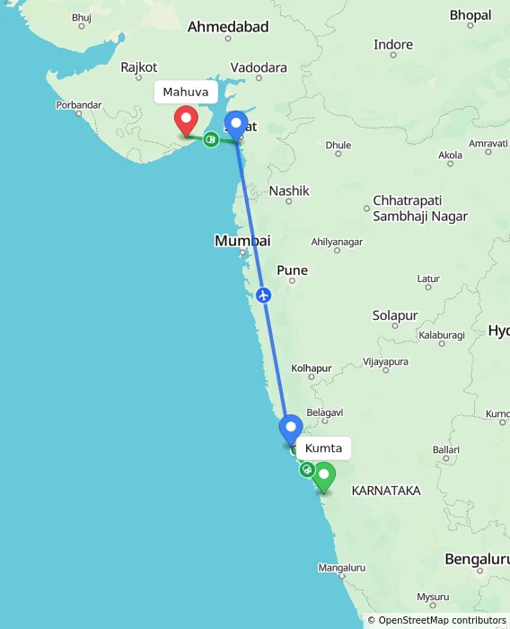 Route map showing distance and travel time from Kumta, India to Mahuva, India