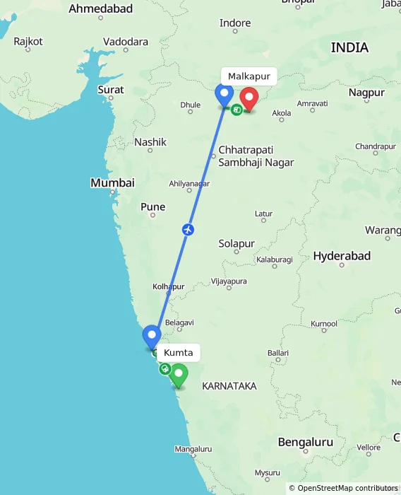 Route map showing distance and travel time from Kumta, India to Malkapur, India