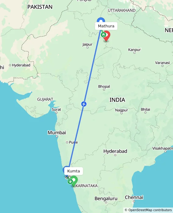 Route map showing distance and travel time from Kumta, India to Mathura, India