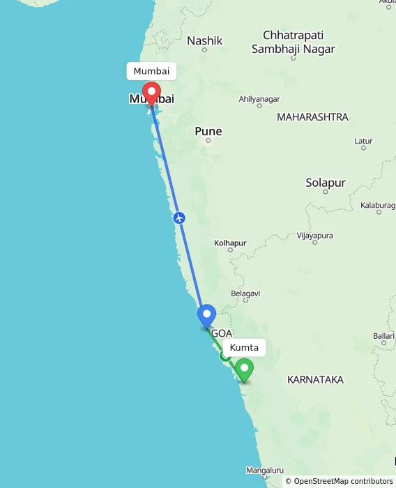 Route map showing distance and travel time from Kumta, India to Mumbai, India