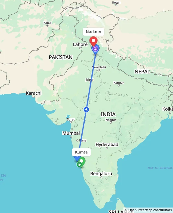 Route map showing distance and travel time from Kumta, India to Nadaun, India