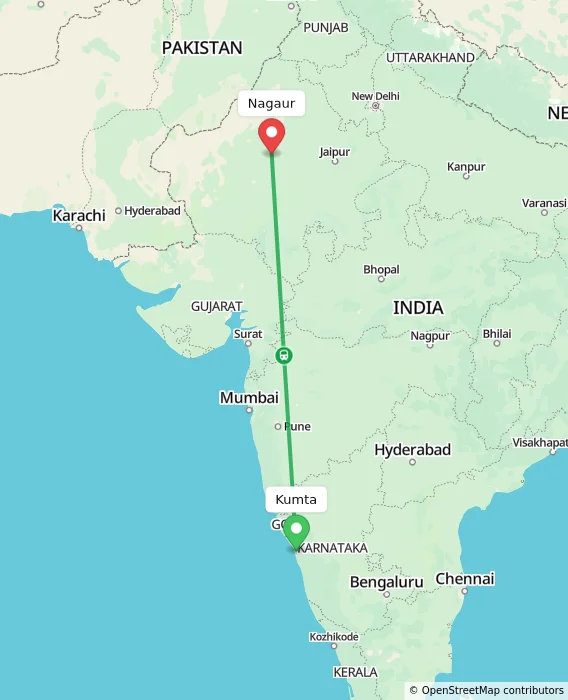 Route map showing distance and travel time from Kumta, India to Nagaur, India