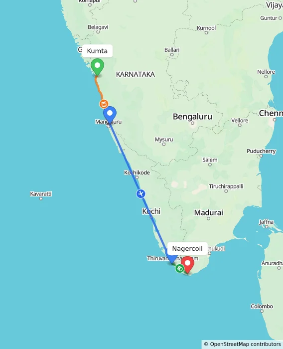Route map showing distance and travel time from Kumta, India to Nagercoil, India