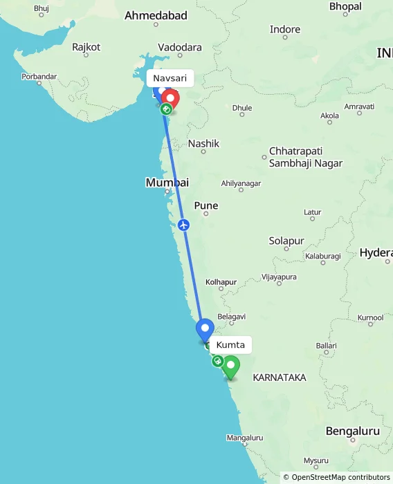 Route map showing distance and travel time from Kumta, India to Navsari, India