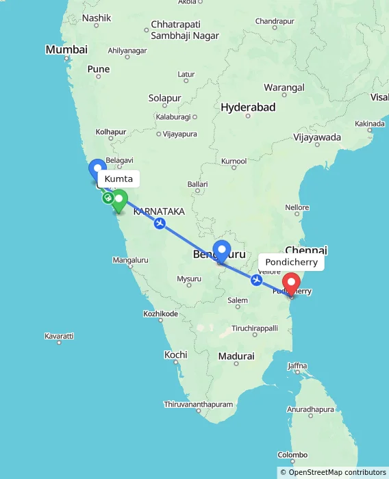Route map showing distance and travel time from Kumta, India to Pondicherry, India