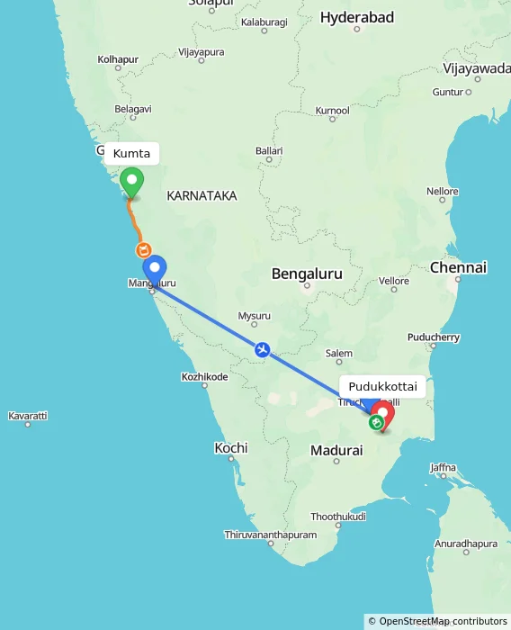 Route map showing distance and travel time from Kumta, India to Pudukkottai, India