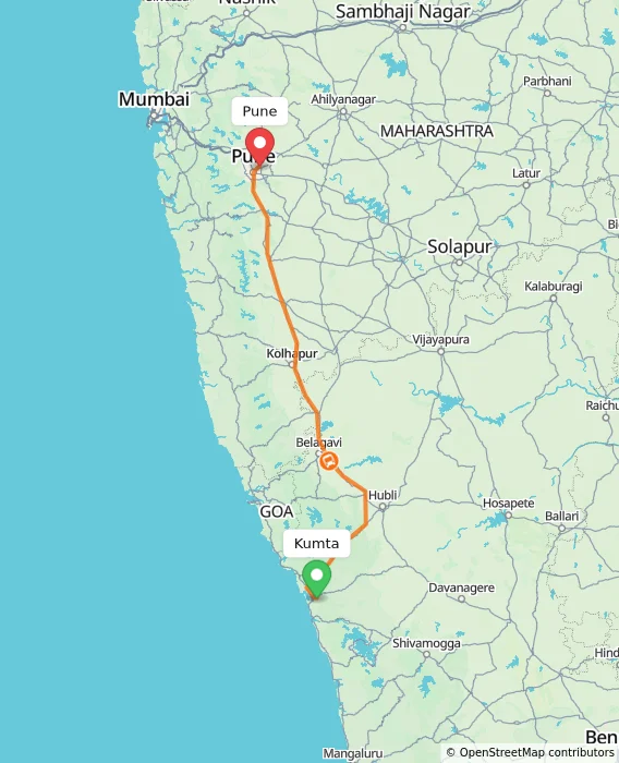Route map showing distance and travel time from Kumta, India to Pune, India