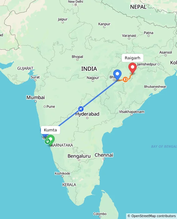 Route map showing distance and travel time from Kumta, India to Raigarh, India