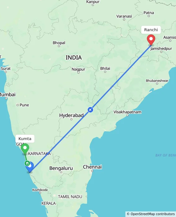 Route map showing distance and travel time from Kumta, India to Ranchi, India