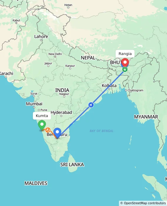 Route map showing distance and travel time from Kumta, India to Rangia, India
