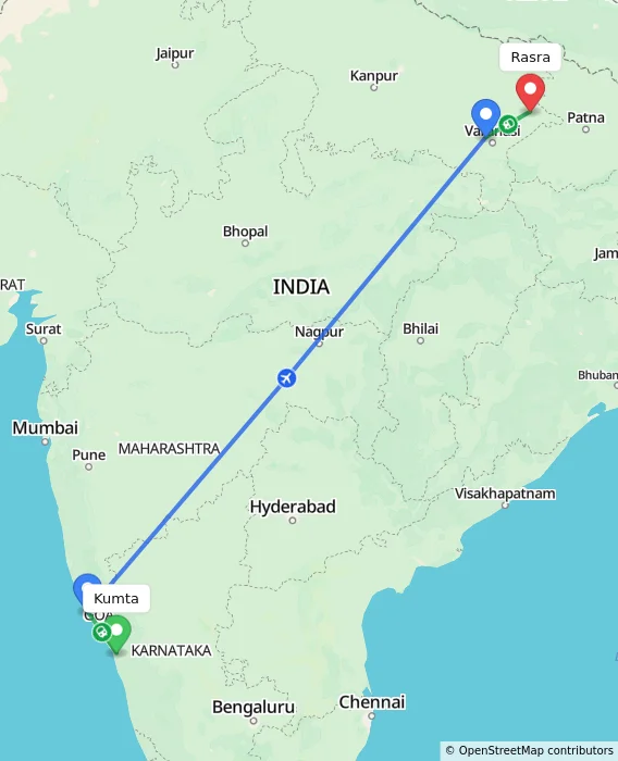 Route map showing distance and travel time from Kumta, India to Rasra, India