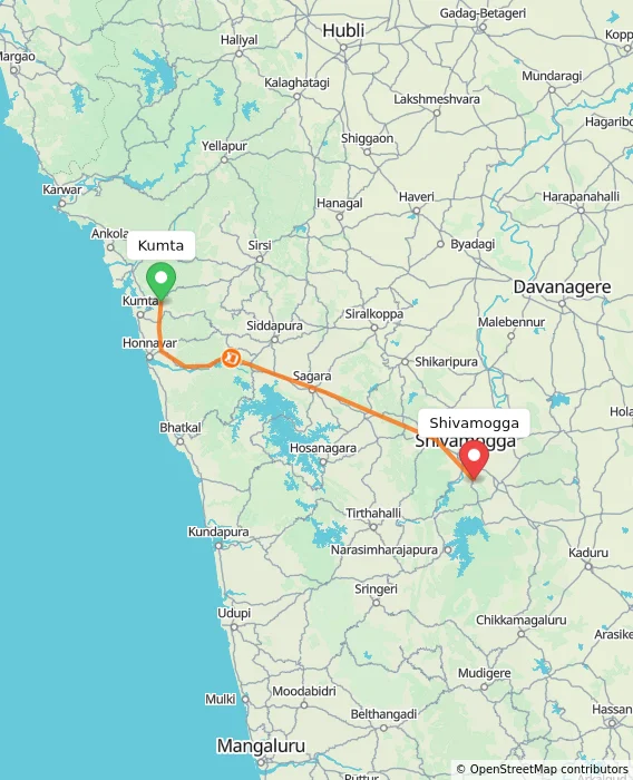 Route map showing distance and travel time from Kumta, India to Shivamogga, India