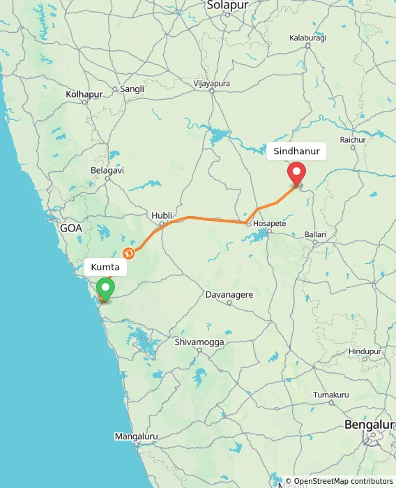 Route map showing distance and travel time from Kumta, India to Sindhanur, India