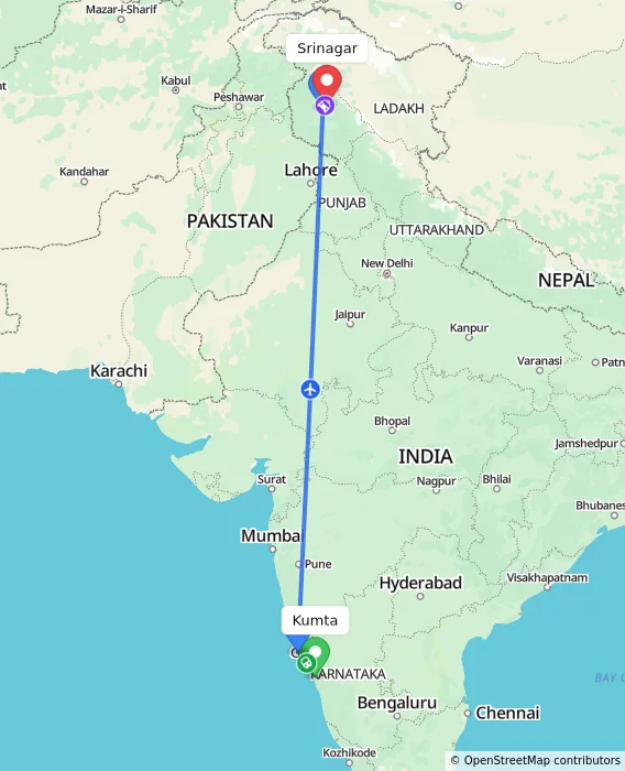 Route map showing distance and travel time from Kumta, India to Srinagar, India