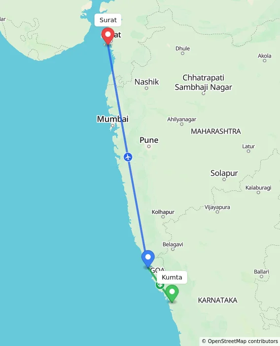 Route map showing distance and travel time from Kumta, India to Surat, India