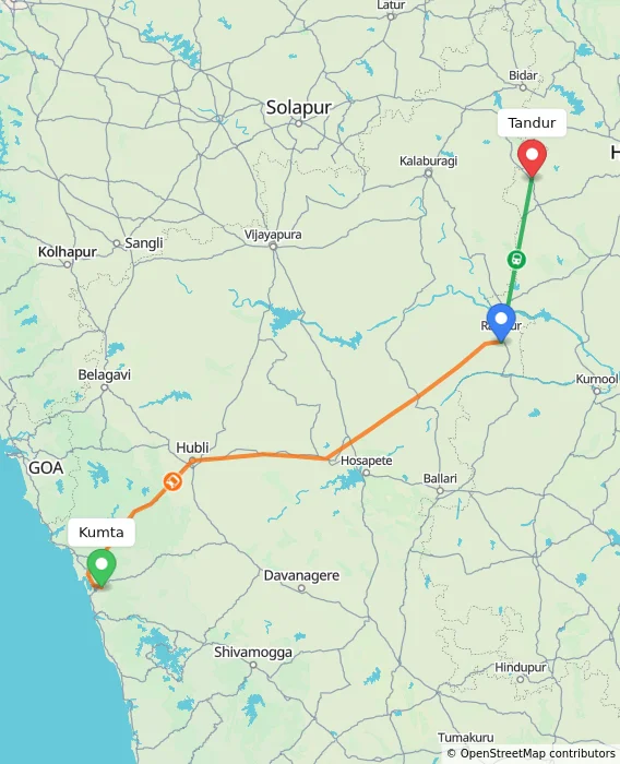 Route map showing distance and travel time from Kumta, India to Tandur, India