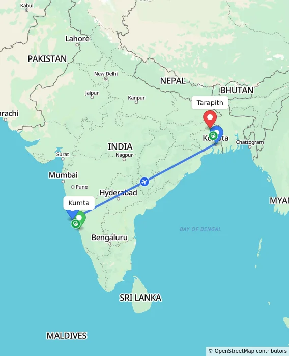 Route map showing distance and travel time from Kumta, India to Tarapith, India