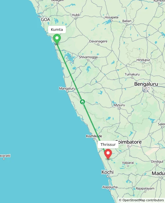 Route map showing distance and travel time from Kumta, India to Thrissur, India