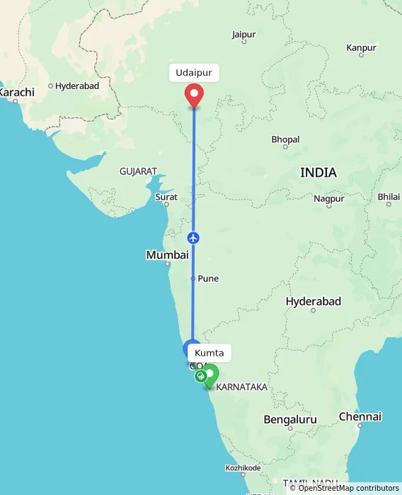 Route map showing distance and travel time from Kumta, India to Udaipur, India