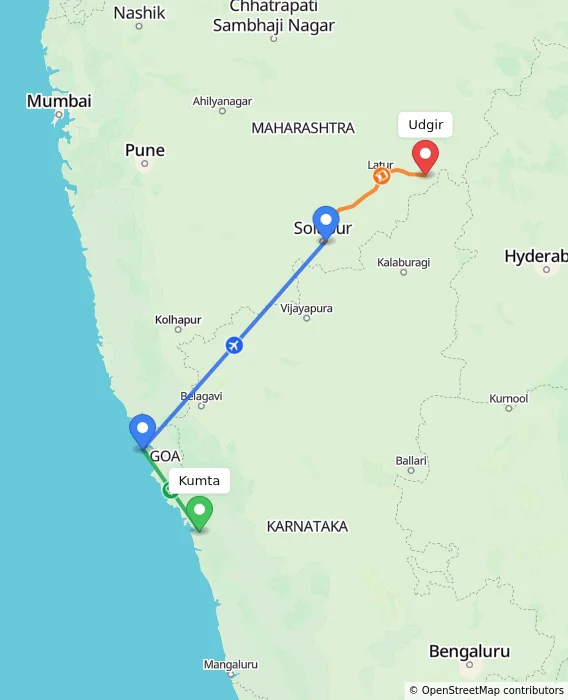 Route map showing distance and travel time from Kumta, India to Udgir, India