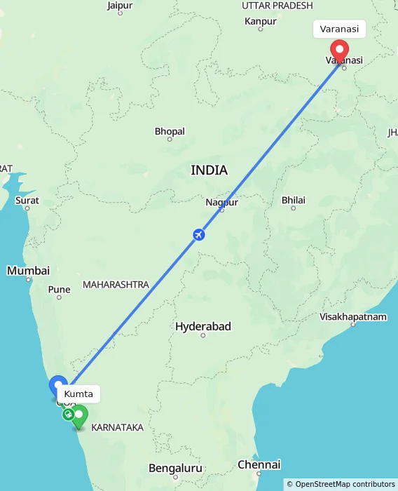 Route map showing distance and travel time from Kumta, India to Varanasi, India