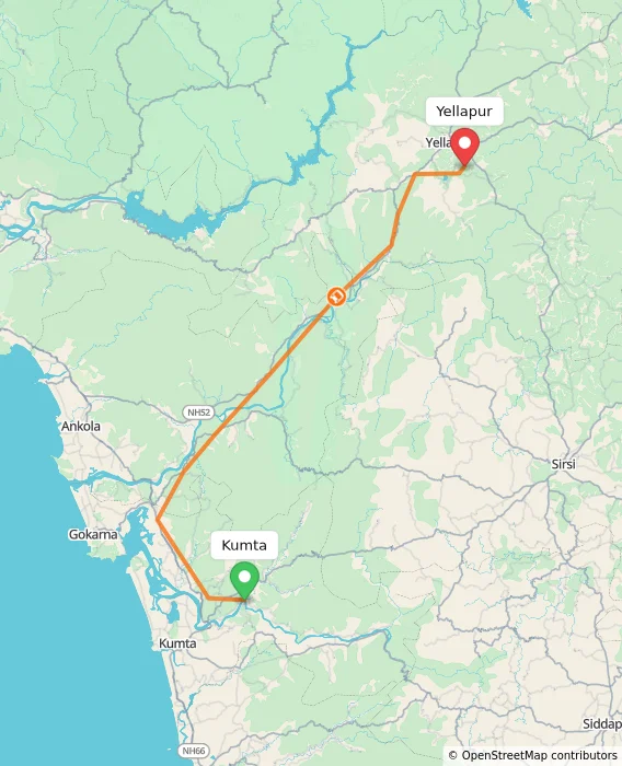 Route map showing distance and travel time from Kumta, India to Yellapur, India