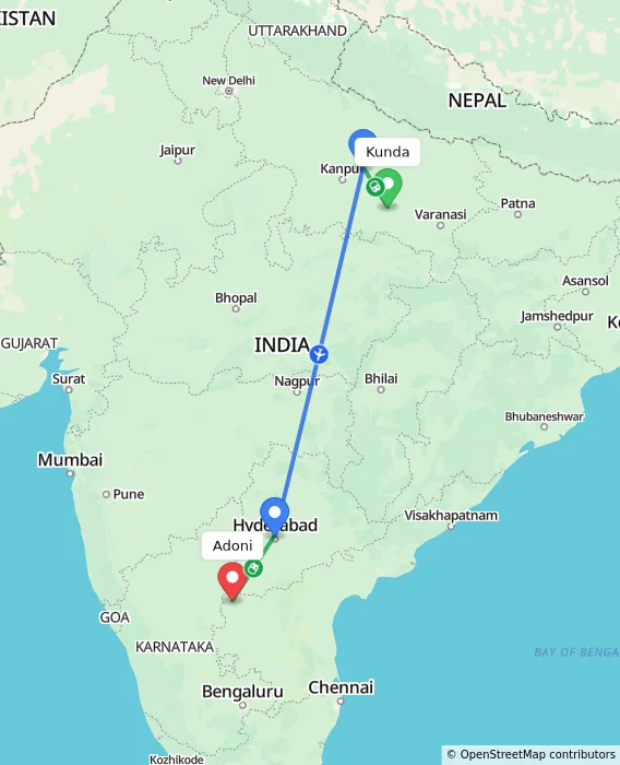 Route map showing distance and travel time from Kunda, India to Adoni, India