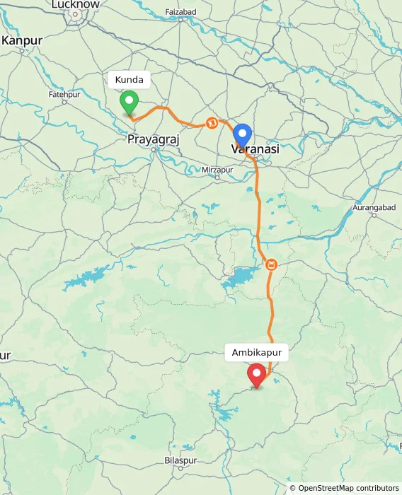 Route map showing distance and travel time from Kunda, India to Ambikapur, India