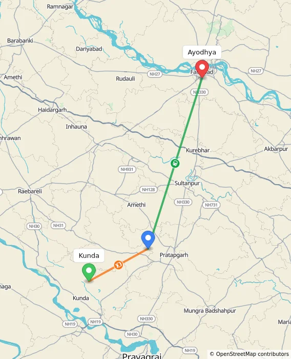Route map showing distance and travel time from Kunda, India to Ayodhya, India