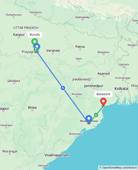 Route map showing distance and travel time from Kunda, India to Balasore, India