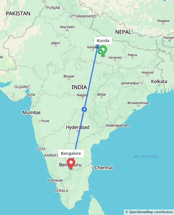 Route map showing distance and travel time from Kunda, India to Bangalore, India