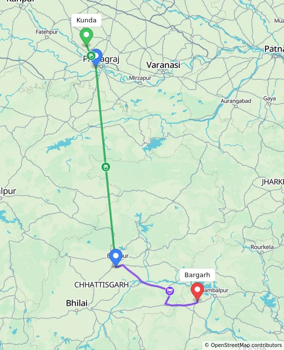 Route map showing distance and travel time from Kunda, India to Bargarh, India