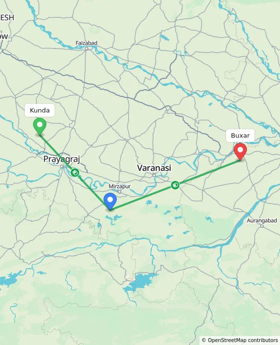 Route map showing distance and travel time from Kunda, India to Buxar, India