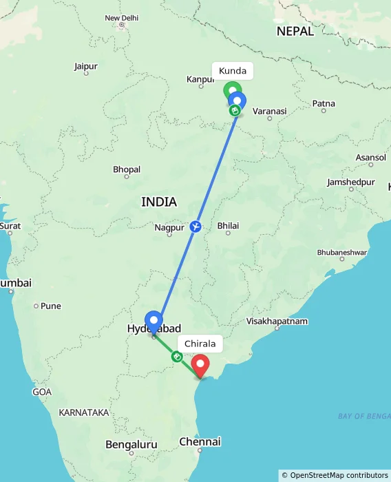Route map showing distance and travel time from Kunda, India to Chirala, India