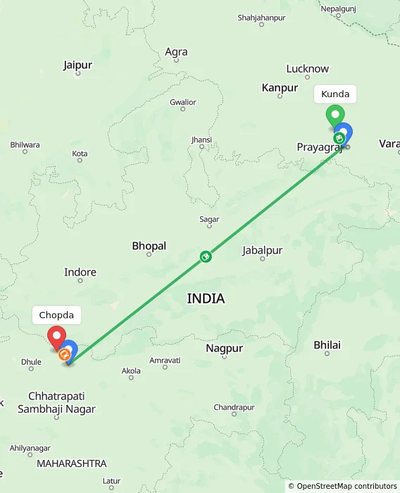 Route map showing distance and travel time from Kunda, India to Chopda, India